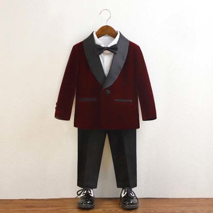 Velvet Button Pocket Stitching Long Sleeve Regular 4-piece Formal Suit - Red - 10-11Y - image 1