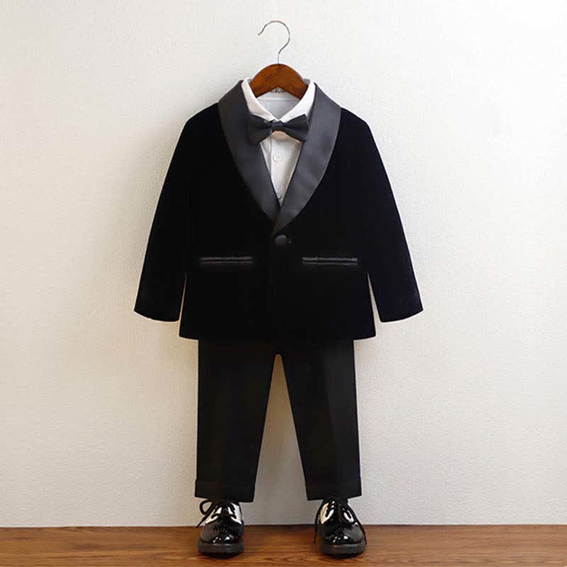 Velvet Button Pocket Stitching Long Sleeve Regular 4-piece Formal Suit - Black - 10-11Y - image 11