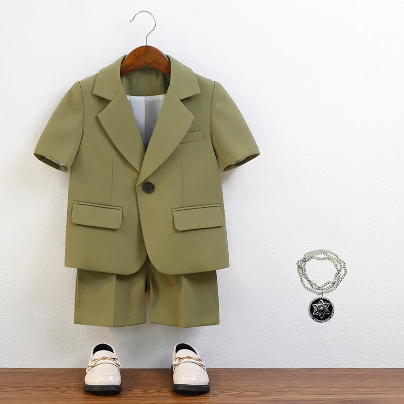 Chemical Fiber Blend Button Pocket Stitching Short Sleeve Shorts Two-piece Set - Green - 10-11Y - image 7