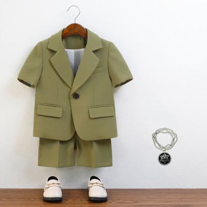 Chemical Fiber Blend Button Pocket Stitching Short Sleeve Shorts Two-piece Set - Green - 10-11Y - image 7