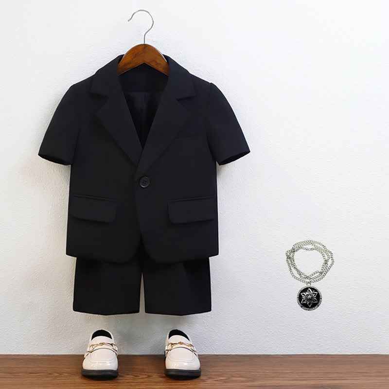 Chemical Fiber Blend Button Pocket Stitching Short Sleeve Shorts Two-piece Set - Black - 10-11Y - image 10