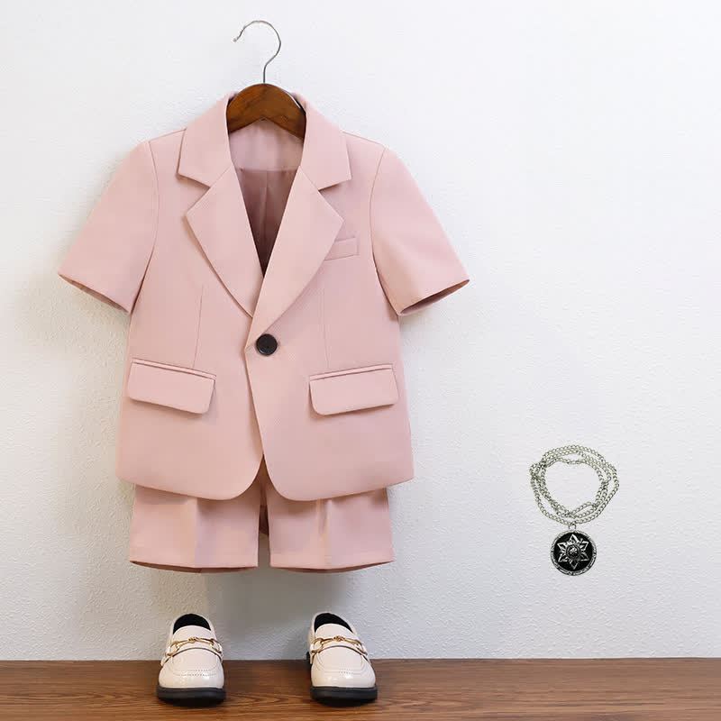 [Archive Sale] Chemical Fiber Blend Button Pocket Stitching Short Sleeve Shorts Two-piece Set - Pink - 4-5Y【110cm】 - image 1