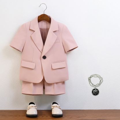 [Archive Sale] Chemical Fiber Blend Button Pocket Stitching Short Sleeve Shorts Two-piece Set - Pink - 4-5Y【110cm】 - image 1