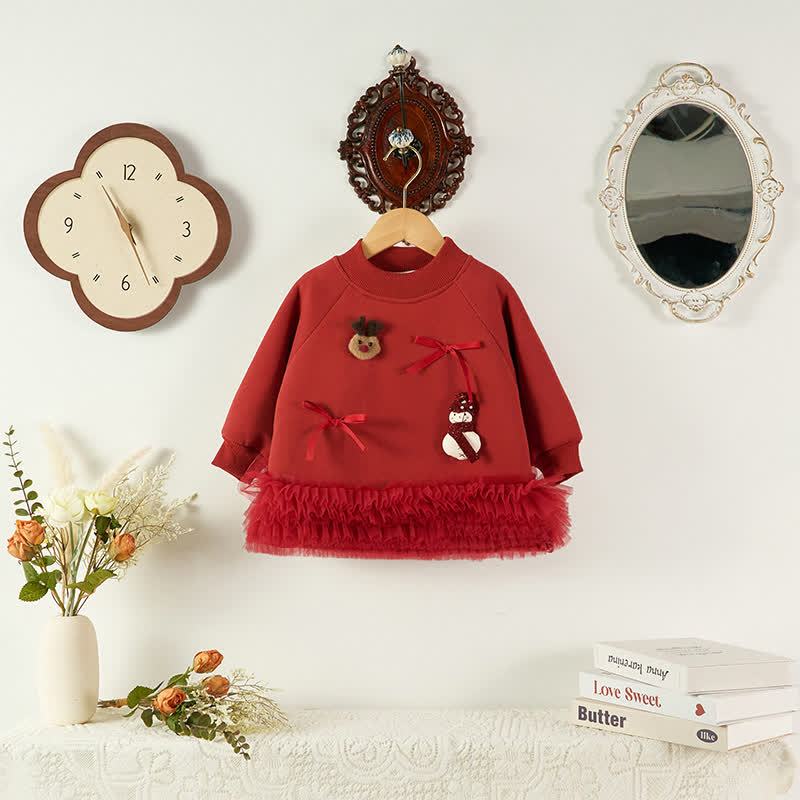 100% Cotton Christmas Snowman Deer Bow Long Sleeve Mid-long Dresses - image 6