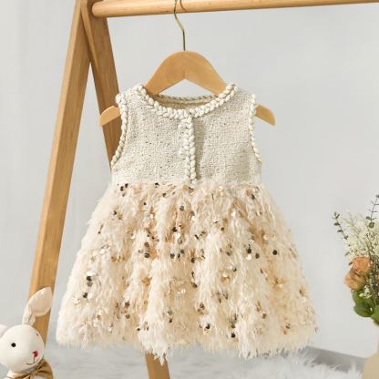 Tweed Sequins Sleeveless Mid-long Dresses - White - 7-8Y - image 1