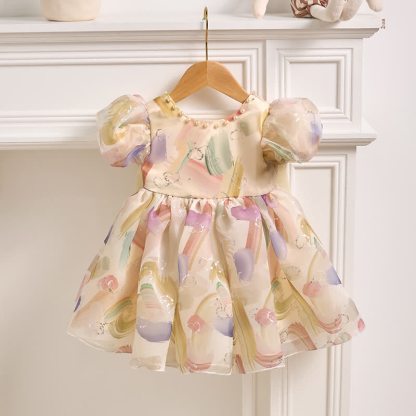 [Archive Sale] Organza Bow Pearl Short sleeve Midi Dresses - Beige - 9-12M - image 3