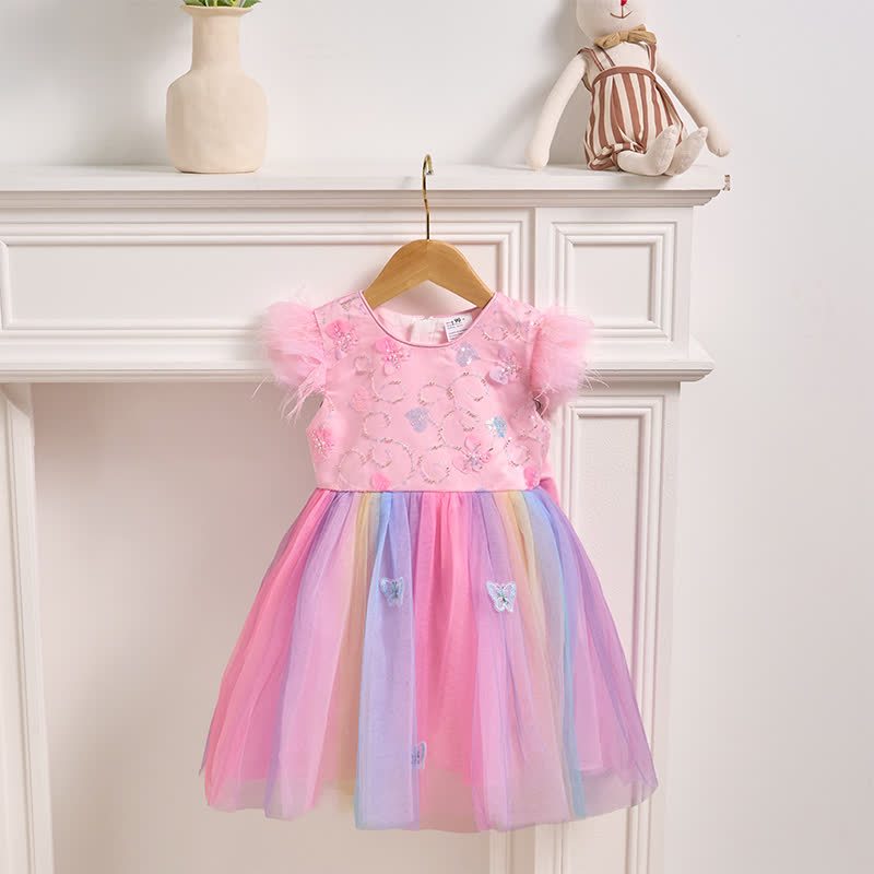 [Archive Sale] Mesh Butterfly Rainbow Butterfly Feather-trimmed Rosette Sleeveless Mid-long Dresses - image 1