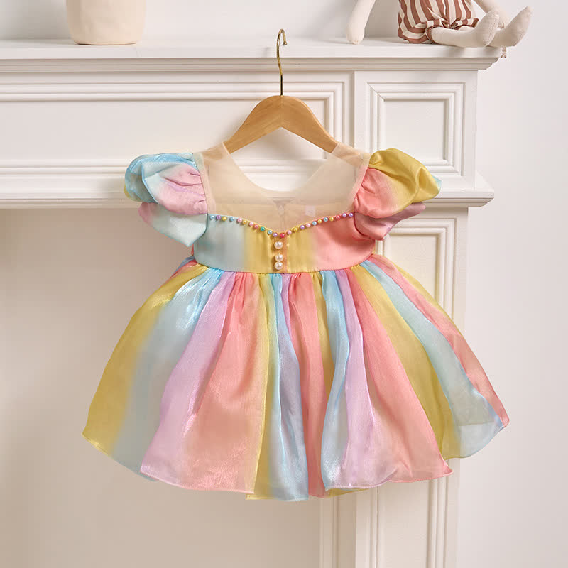 Organza Rainbow Pearls Short Sleeve Long Dresses - image 3