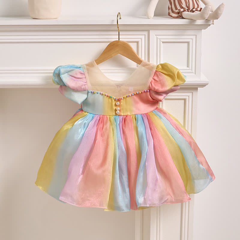 Organza Rainbow Pearls Short Sleeve Long Dresses - image 3