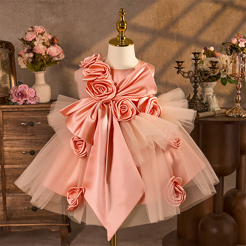 Satin Rosette Sleeveless Midi Dresses - Pinkish Orange - 11-13Y - image 1
