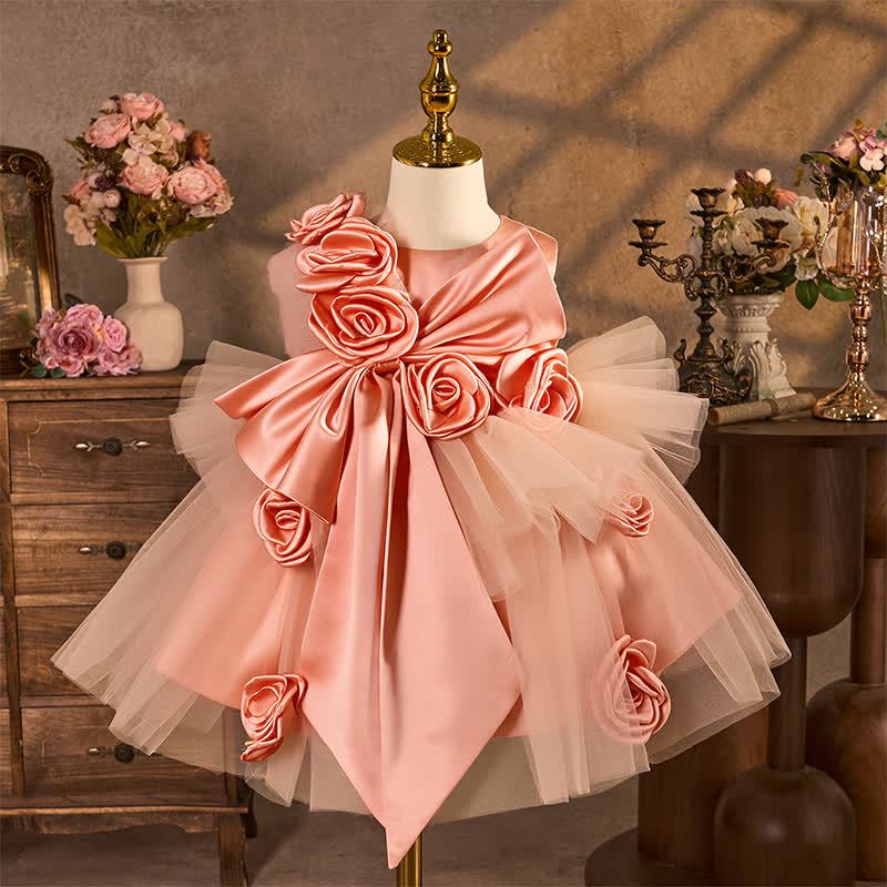 Satin Rosette Sleeveless Midi Dresses - Pinkish Orange - 11-13Y - image 1