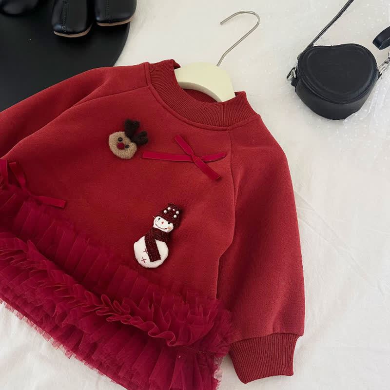 100% Cotton Christmas Snowman Deer Bow Long Sleeve Mid-long Dresses - image 4