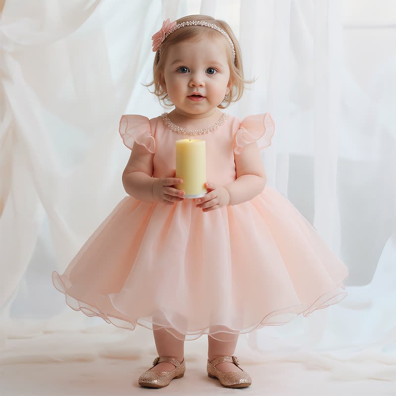 Organza Imitation Pearls Bow Cap Sleeve Midi Dresses - image 2