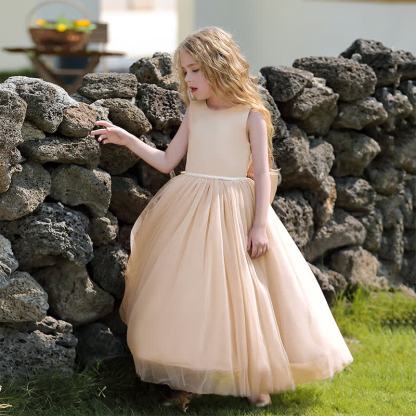 Satin Bow Sleeveless Maxi Dresses - Champagne - 11-12Y - image 1