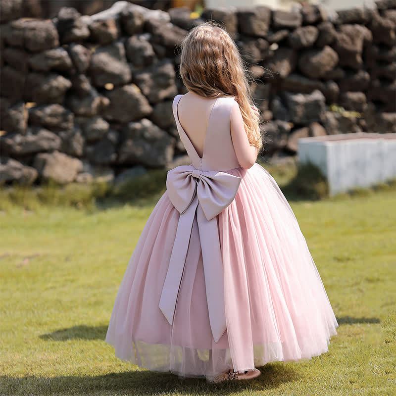 Satin Bow Sleeveless Maxi Dresses - Pink - 11-12Y - image 7
