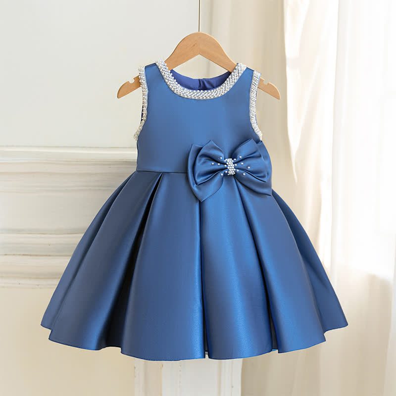 Satin Bow Sleeveless Midi Dresses - Blue - 7Y - image 29