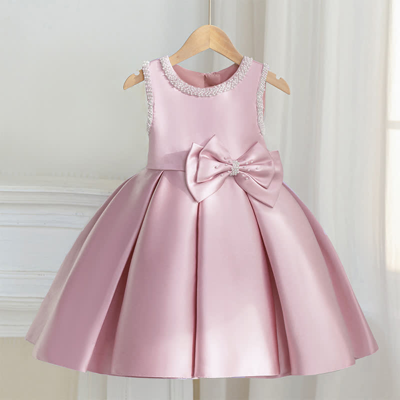 Satin Bow Sleeveless Midi Dresses - Pink - 7Y - image 1