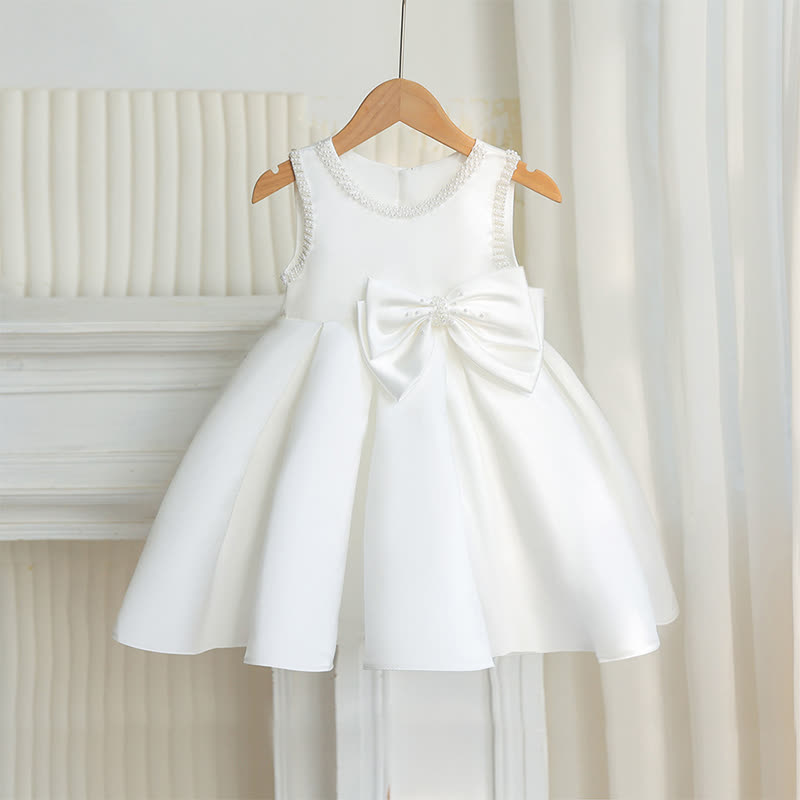 Satin Bow Sleeveless Midi Dresses - White - 7Y - image 6