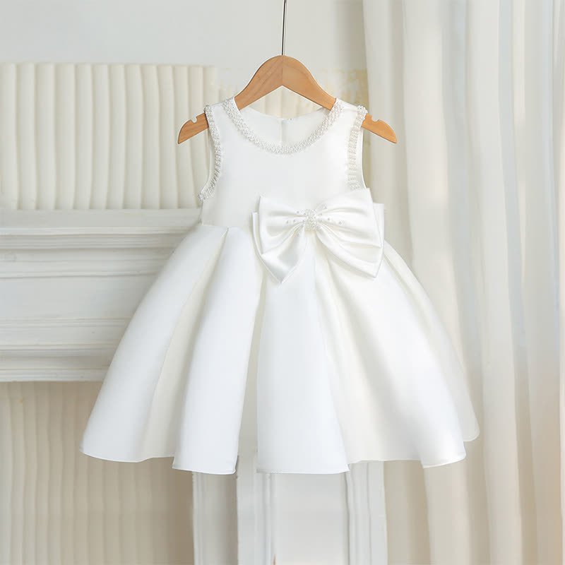 Satin Bow Sleeveless Midi Dresses - White - 7Y - image 6