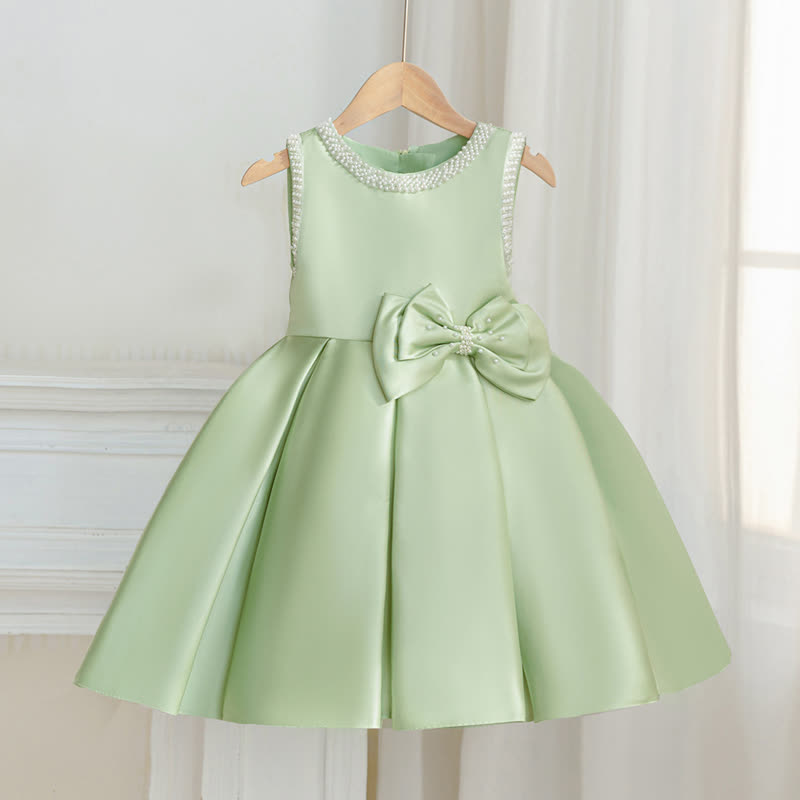 Satin Bow Sleeveless Midi Dresses - Green - 7Y - image 17