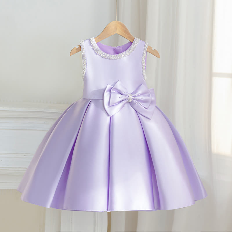 Satin Bow Sleeveless Midi Dresses - Purple - 7Y - image 23