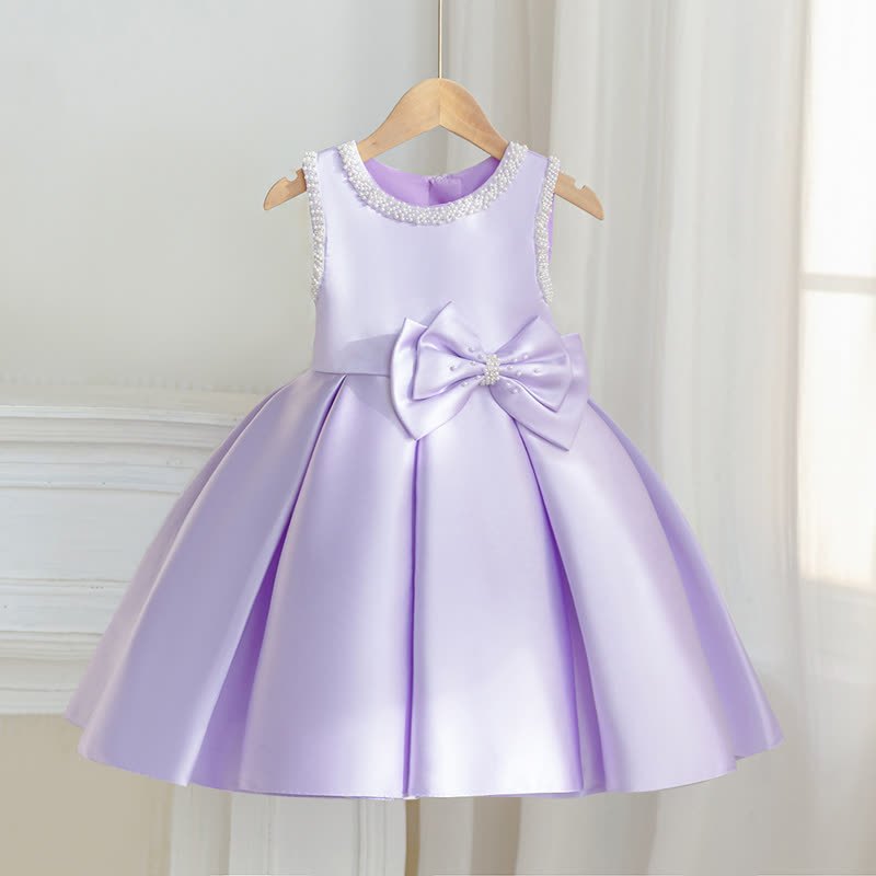 Satin Bow Sleeveless Midi Dresses - Purple - 7Y - image 23