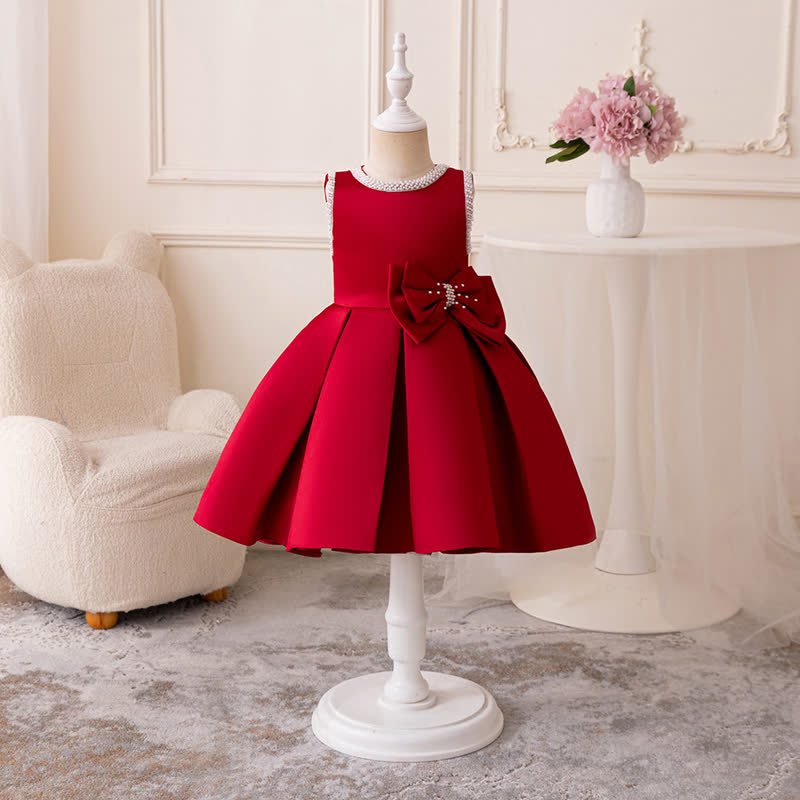 Satin Bow Sleeveless Midi Dresses - Red - 7Y - image 11