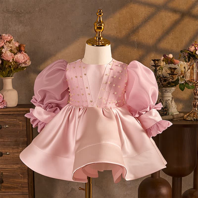 Satin Split Joint Long Sleeve Midi Dresses - Pink - 7-9Y - image 1