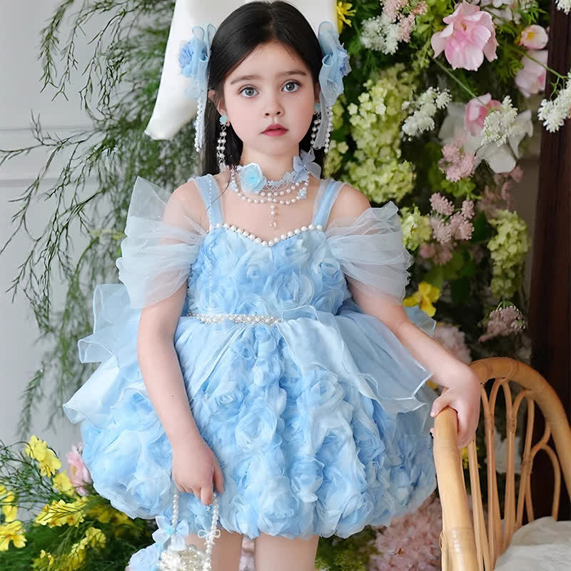 Mesh Rosette Sleeveless Midi Dresses - Blue - 11-12Y - image 1
