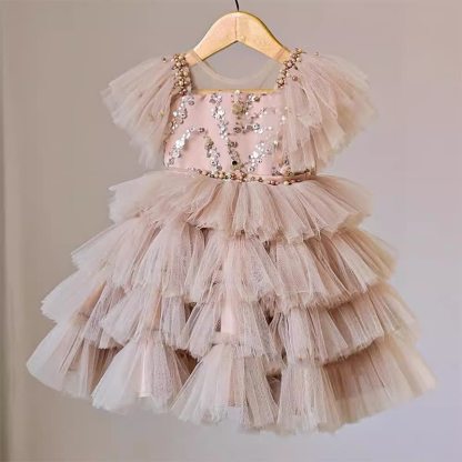Mesh Tiered Ruffled Short Sleeves Midi Dresses - Pink - 11-12Y - image 1