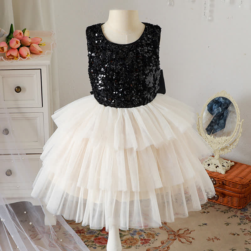 [Archive Sale] Glitter Bow Tiered Sleeveless Midi Dresses - Black - 4Y - image 1