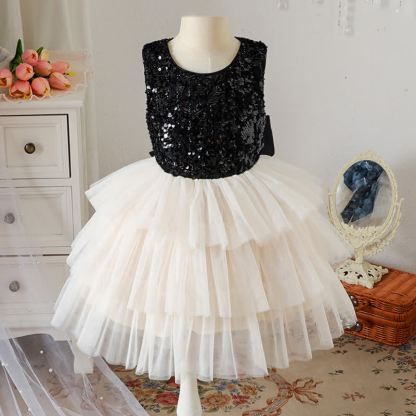 [Archive Sale] Glitter Bow Tiered Sleeveless Midi Dresses - Black - 4Y - image 1