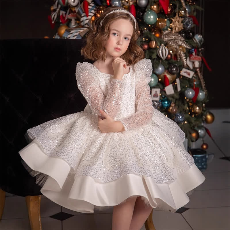 Satin Sequins Folds Long Sleeve Mid-long Dresses - image 1