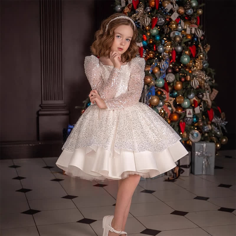 Satin Sequins Folds Long Sleeve Mid-long Dresses - image 4