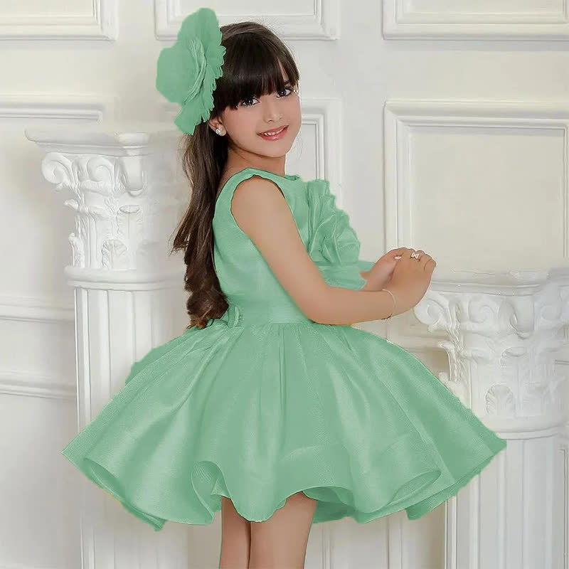 Satin Rosette Sleeveless Mid-long Dresses - Green - 14Y - image 14