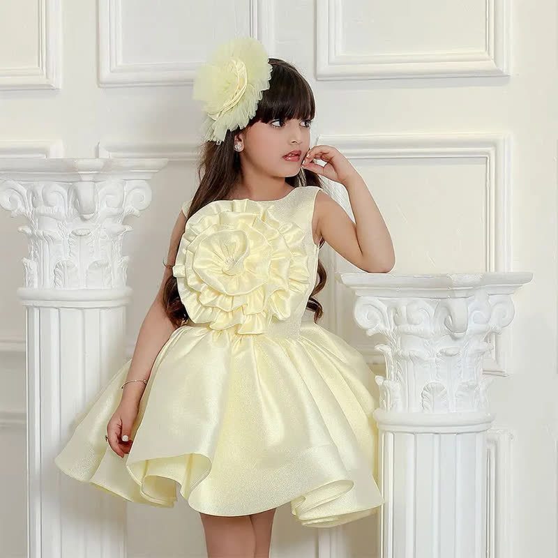 Satin Rosette Sleeveless Mid-long Dresses - Yellow - 14Y - image 1