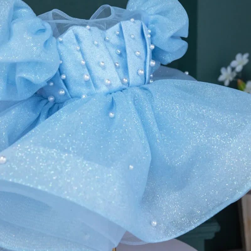 Chemical Fiber Blend Bow Imitation Pearls Short Sleeve Mid-long Dresses - Blue - 5-6Y - image 19