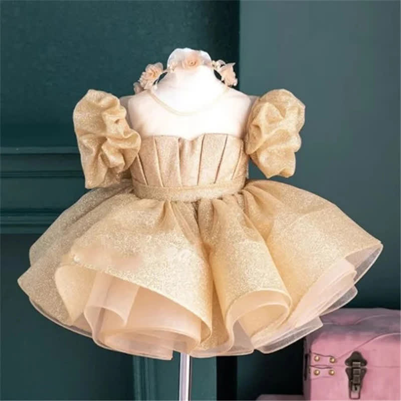 Chemical Fiber Blend Bow Imitation Pearls Short Sleeve Mid-long Dresses - Champagne - 5-6Y - image 21