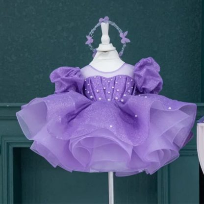 Chemical Fiber Blend Bow Imitation Pearls Short Sleeve Mid-long Dresses - Purple - 5-6Y - image 20
