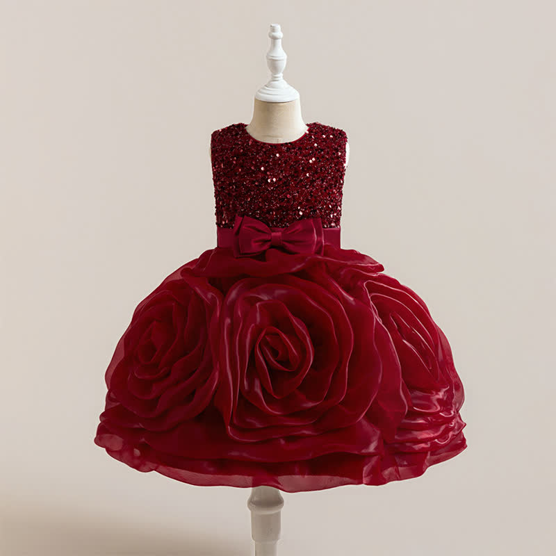 Sequins & Organza Bow Rosette Sleeveless Mid-long Dresses - Red - 7Y - image 1