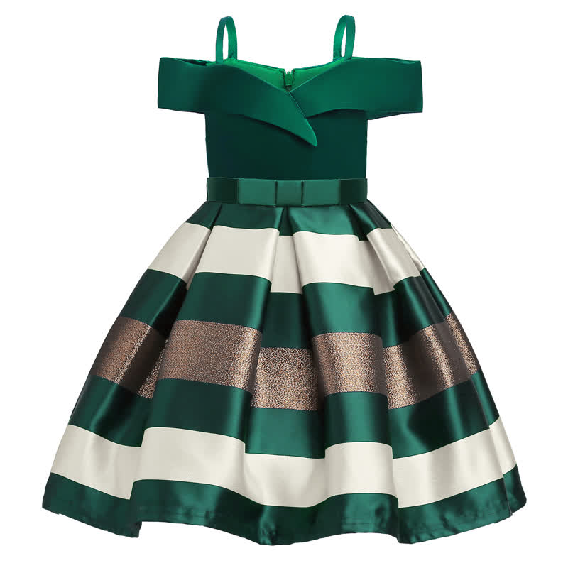 Satin Striped Bow Short Sleeve Midi Dresses - Green - 9-10Y - image 1