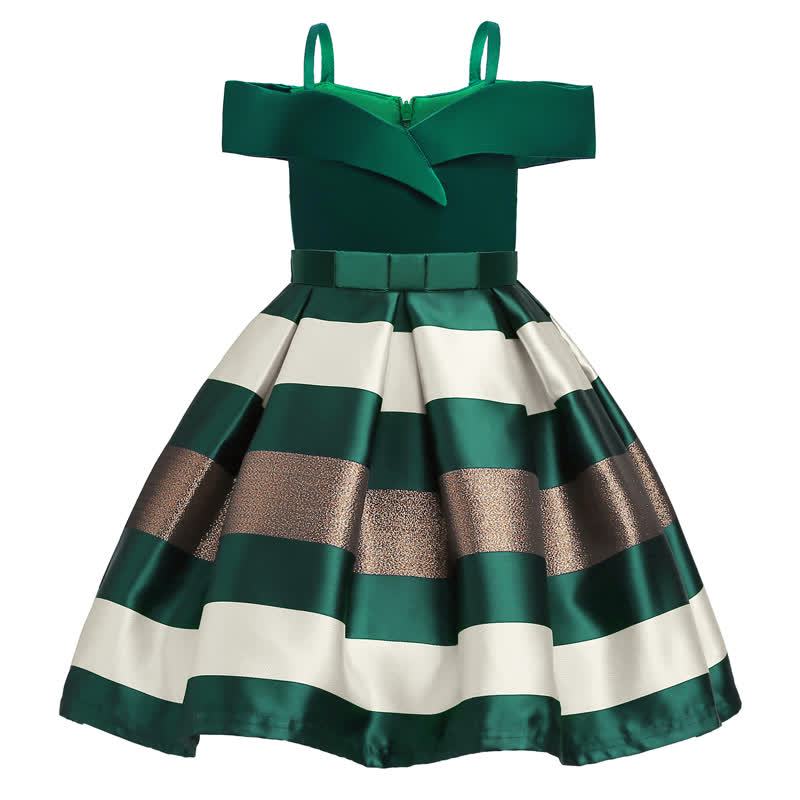 Satin Striped Bow Short Sleeve Midi Dresses - Green - 9-10Y - image 1