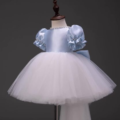 Satin Bow Imitation Pearls Short Sleeve Mid-long Dresses - image 2