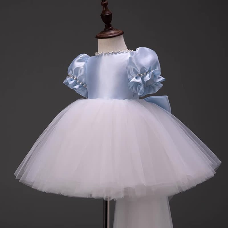 Satin Bow Imitation Pearls Short Sleeve Mid-long Dresses - image 2