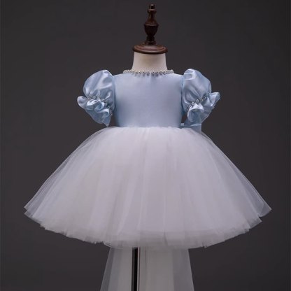 Satin Bow Imitation Pearls Short Sleeve Mid-long Dresses - Blue - 10-11Y - image 1
