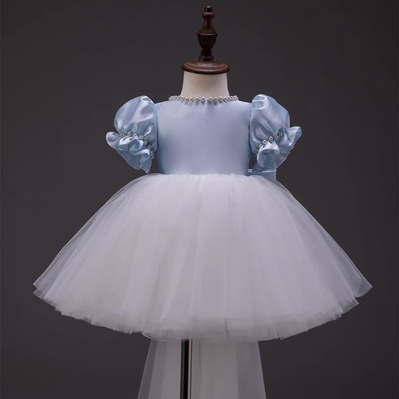 Satin Bow Imitation Pearls Short Sleeve Mid-long Dresses - Blue - 10-11Y - image 1