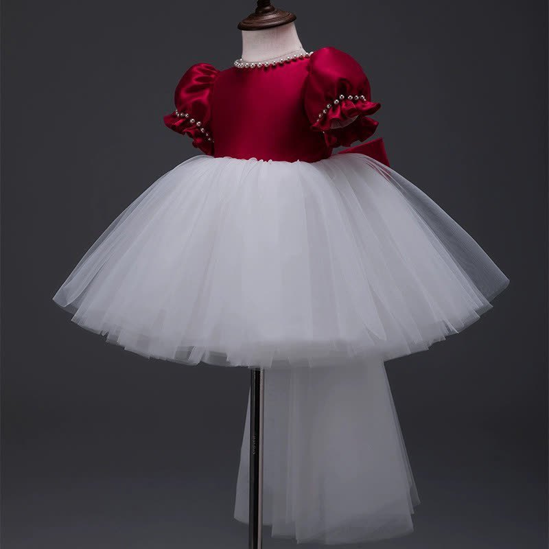 Satin Bow Imitation Pearls Short Sleeve Mid-long Dresses - Red - 10-11Y - image 8