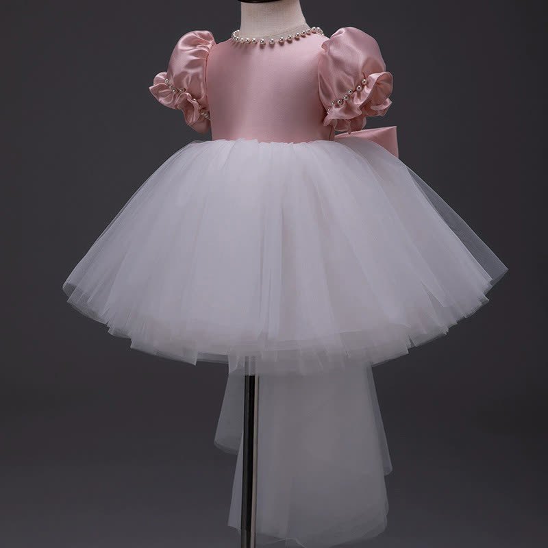 Satin Bow Imitation Pearls Short Sleeve Mid-long Dresses - Pink - 10-11Y - image 7