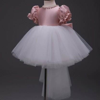 Satin Bow Imitation Pearls Short Sleeve Mid-long Dresses - Pink - 10-11Y - image 7