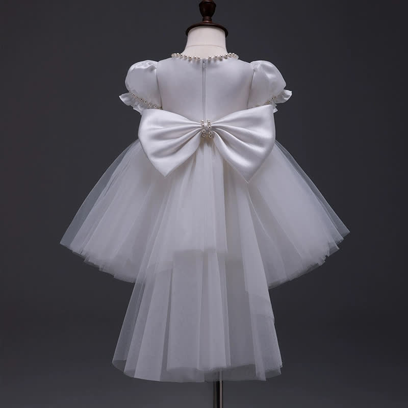 Satin Bow Imitation Pearls Short Sleeve Mid-long Dresses - White - 10-11Y - image 10